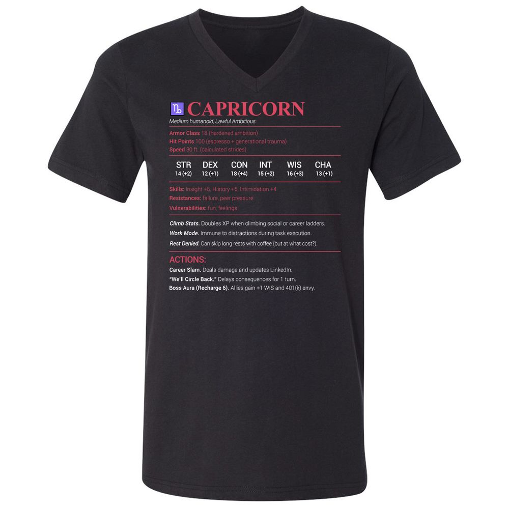 Capricorn Stats Unisex V-Neck T-Shirt - Black - 1