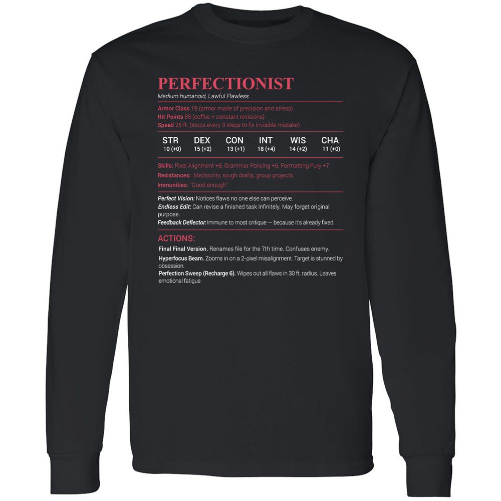 Perfectionist Stats Long Sleeve T-Shirt - Black - 1