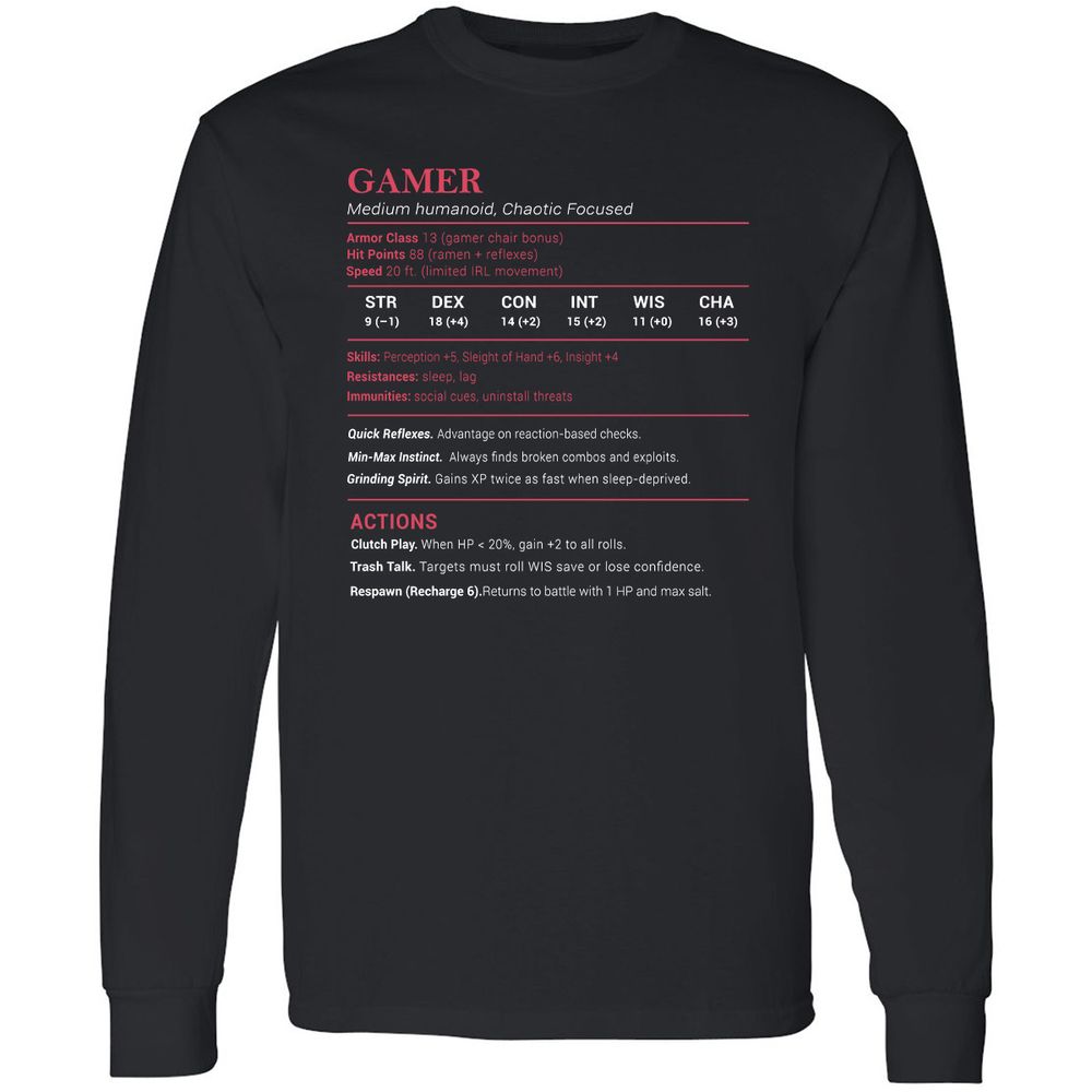 Gamer Stats Long Sleeve T-Shirt - Black - 1