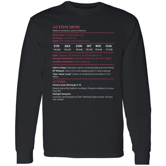 Autism Mom Stats Long Sleeve T-Shirt - Black - 1