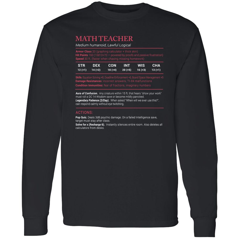 Math Teacher Stats Long Sleeve T-Shirt - Black - 1