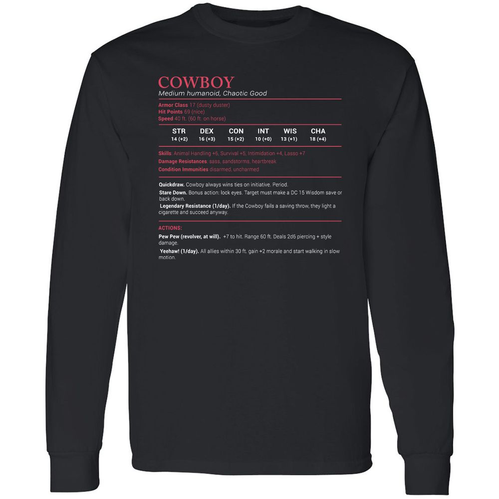Cowboy Stats Long Sleeve T-Shirt - Black - 1