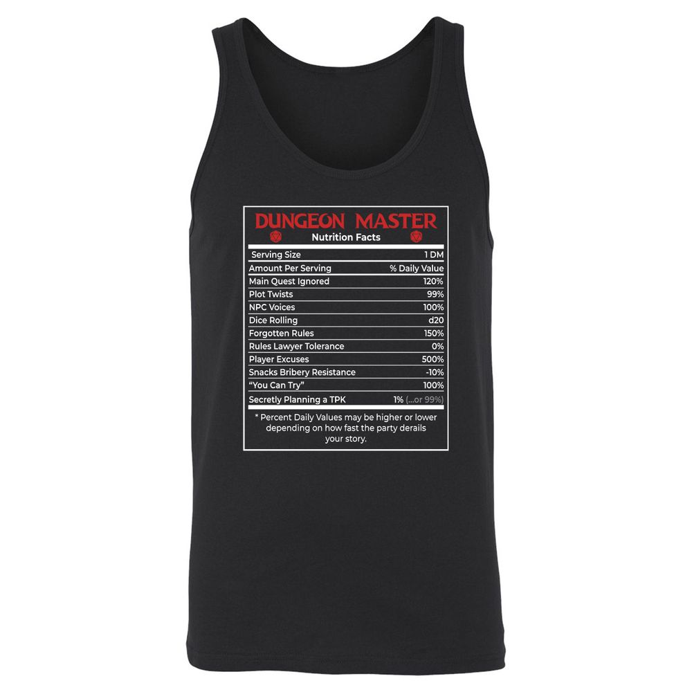 Dungeon Master Nutrition Facts Unisex Jersey Tank - Black - 1