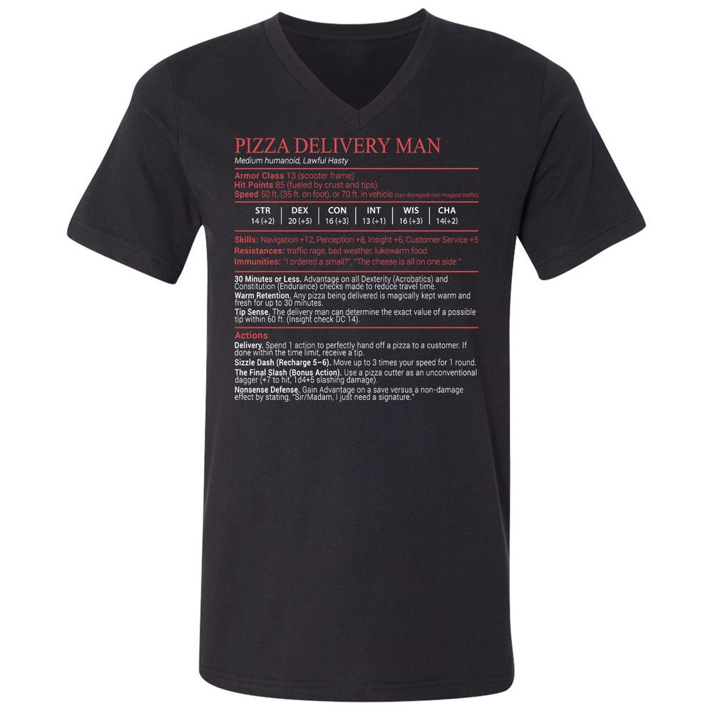 Pizza Delivery Man Stats Block Unisex V-Neck T-Shirt - Black - 1