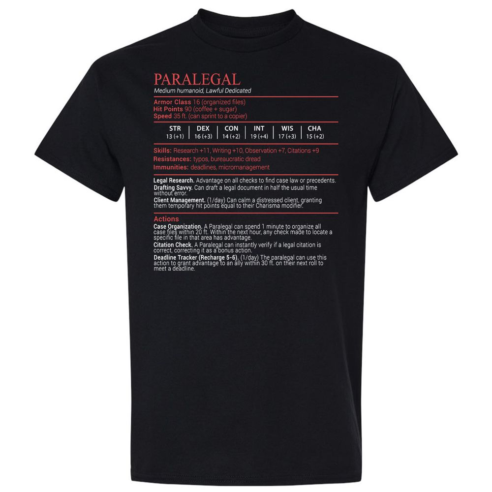 Paralegal Stats Block Classic Unisex T-Shirt - Black - 1