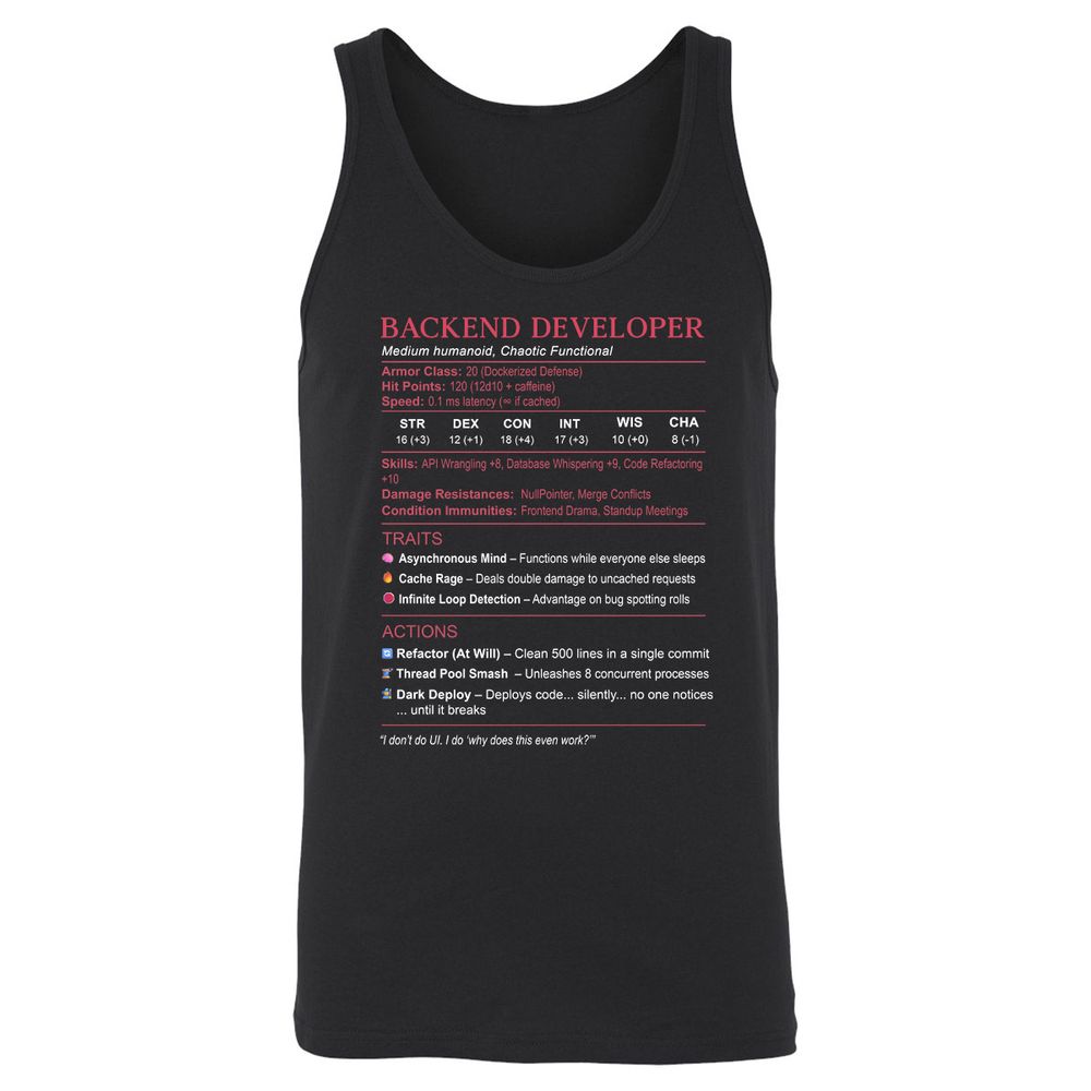 Backend Developer Stats Unisex Jersey Tank - Black - 1