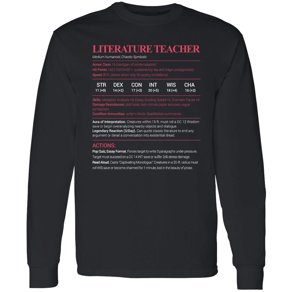 Literature Teacher Long Sleeve T-Shirt - Black - 1