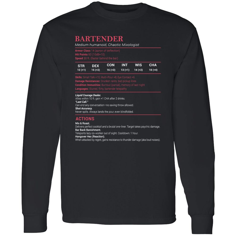 Bartender Stats Long Sleeve T-Shirt - Black - 1