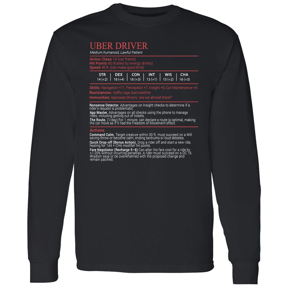 Uber Driver Stats Block Long Sleeve T-Shirt - Black - 1
