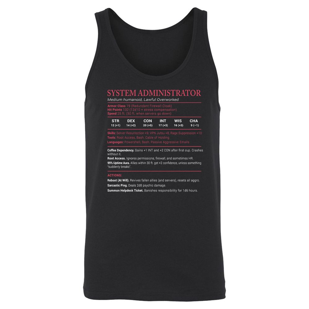 System Administrator Stats Unisex Jersey Tank - Black - 1