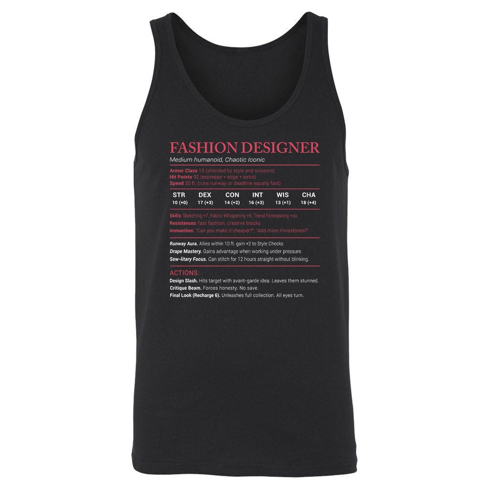 Fashion Designer Stats Unisex Jersey Tank - Black - 1