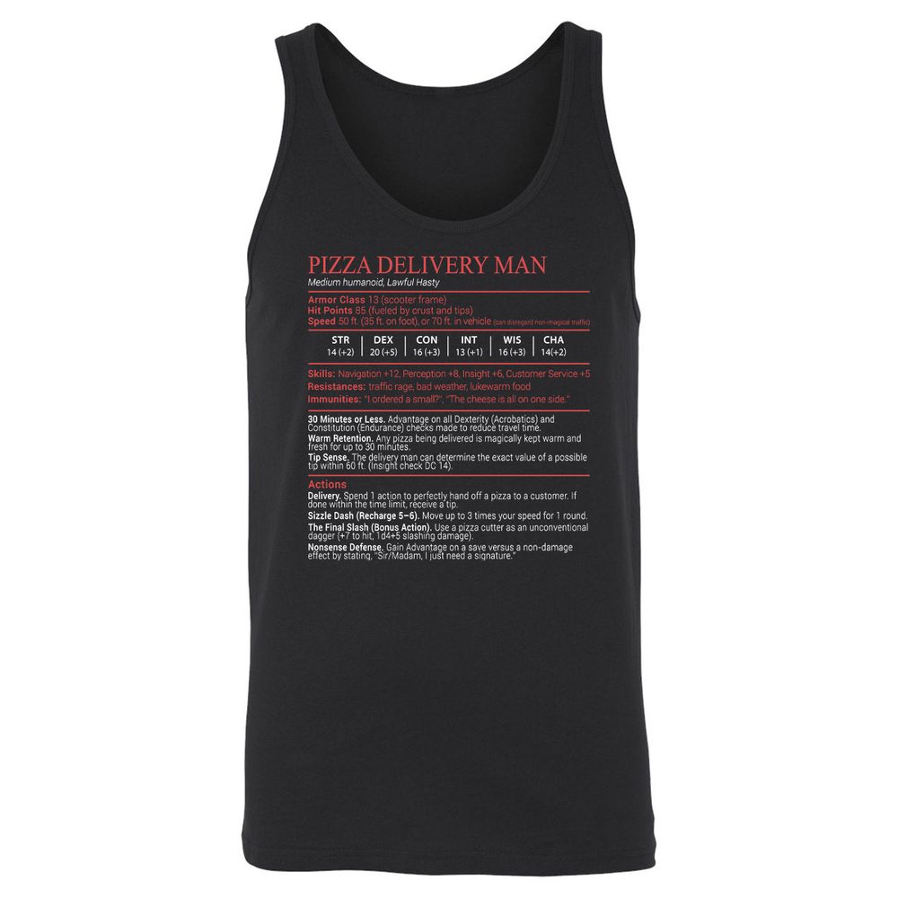 Pizza Delivery Man Stats Block Unisex Jersey Tank - Black - 1
