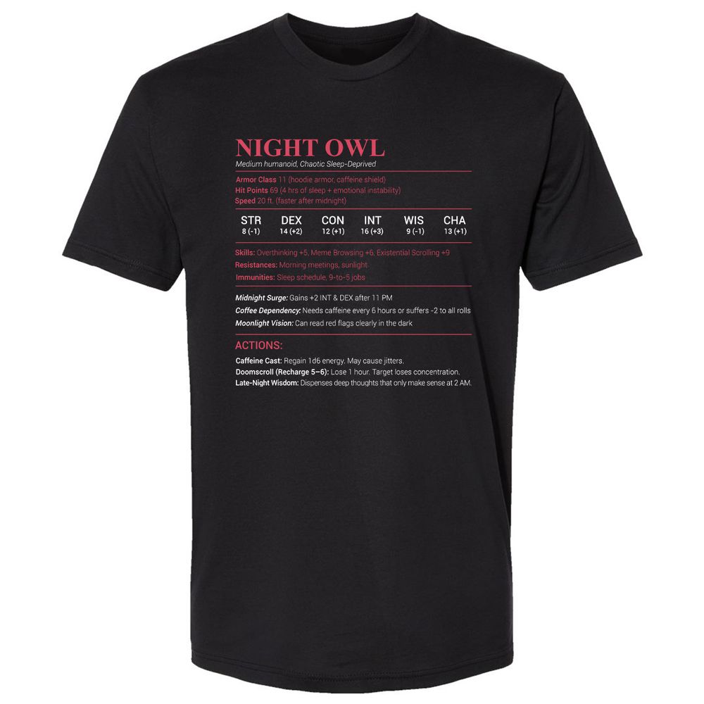 Night Owl Stats Premium Unisex T-Shirt - Black - 1