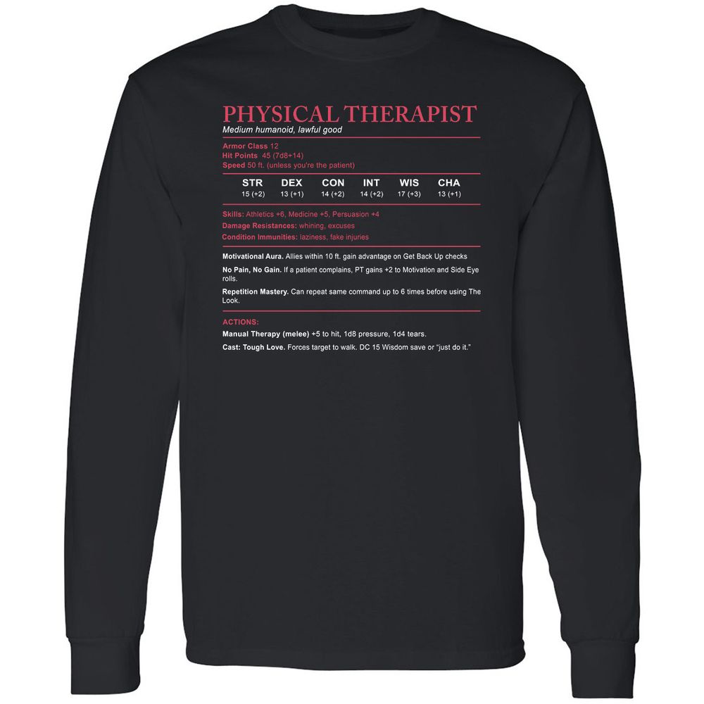Physical Therapist Stats Long Sleeve T-Shirt - Black - 1