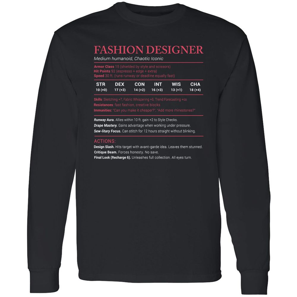 Fashion Designer Stats Long Sleeve T-Shirt - Black - 1