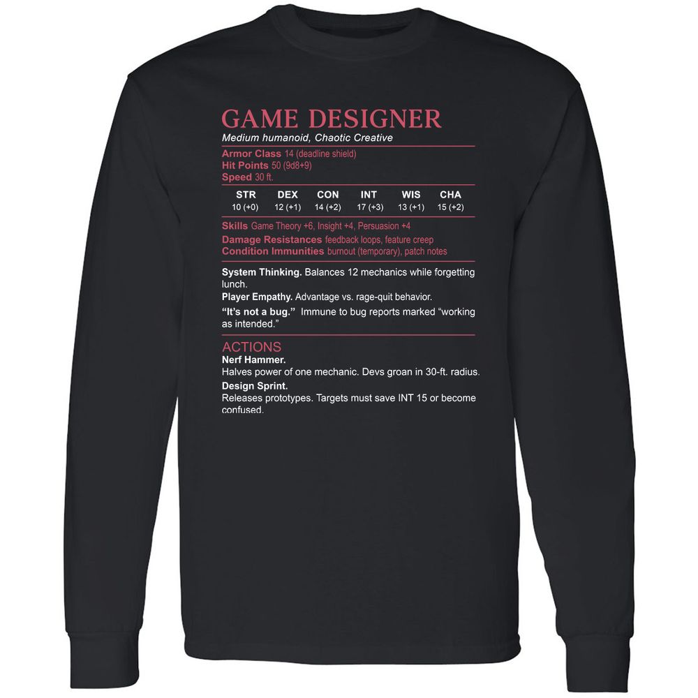 Game Designer Stats Long Sleeve T-Shirt - Black - 1