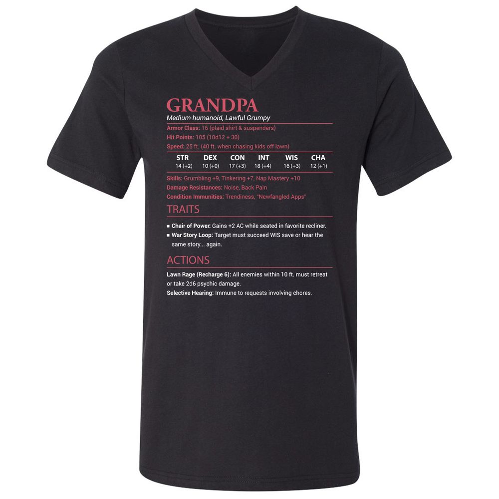 Grandpa Stats Unisex V-Neck T-Shirt - Black - 1