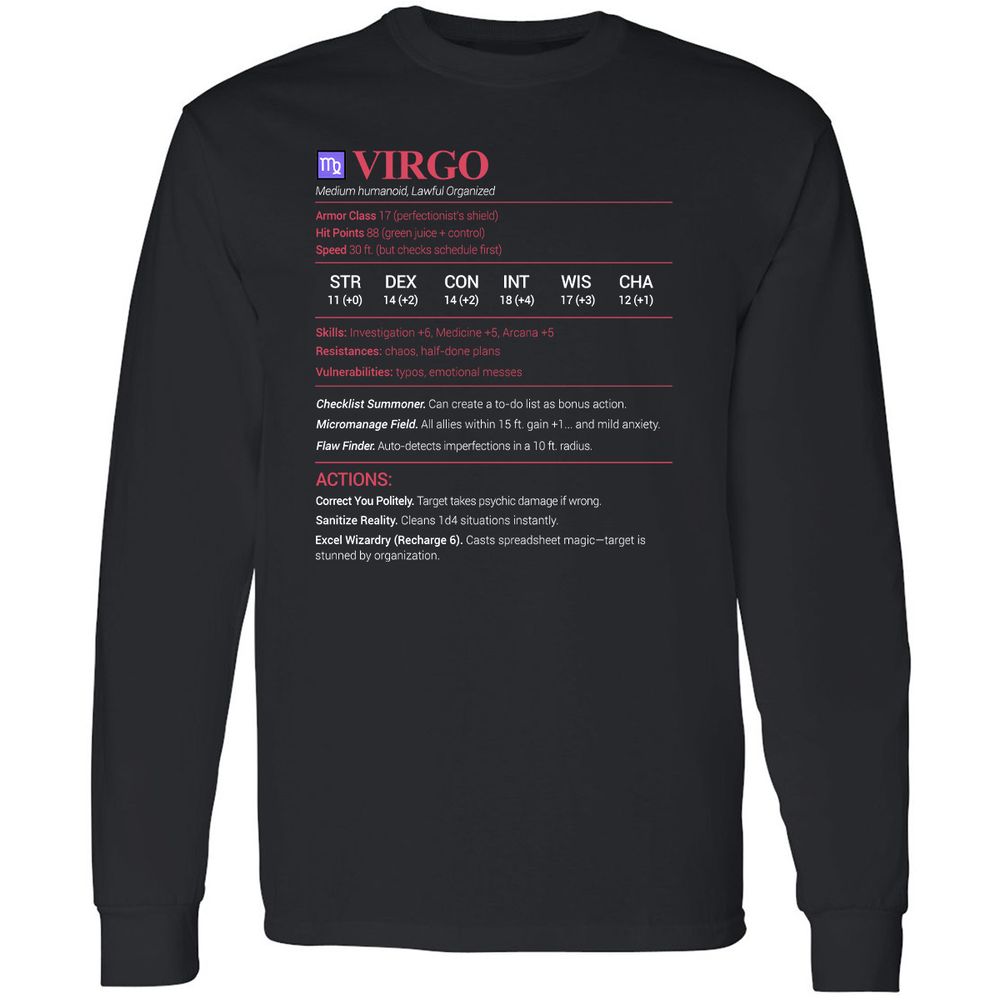 Virgo Stats Long Sleeve T-Shirt - Black - 1
