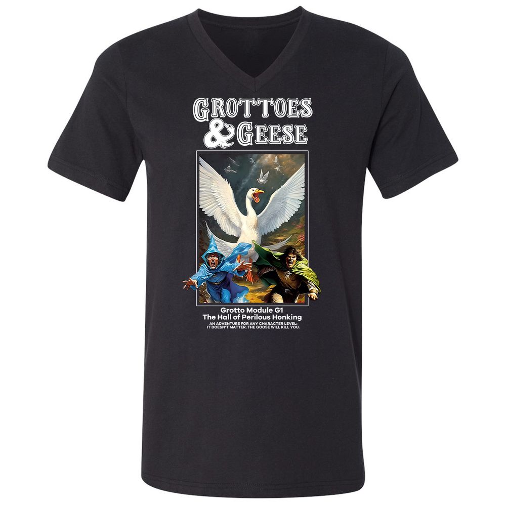 Grottoes & Geese Unisex V-Neck T-Shirt - Black - 1