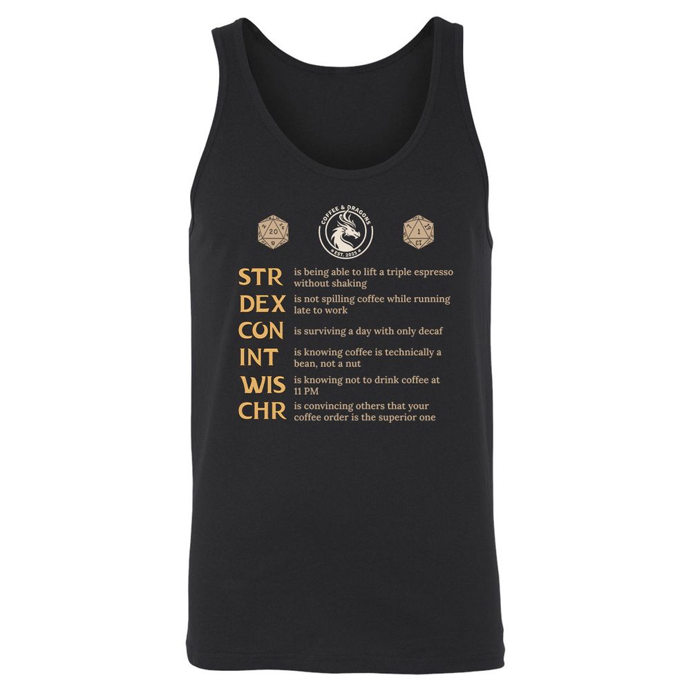 Coffee & Dragons RPG Stats Unisex Jersey Tank - Black - 1