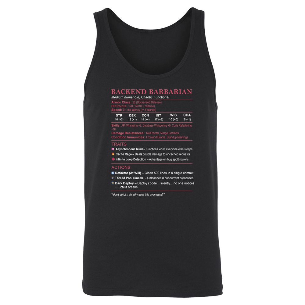 Backend Barbarian Stats Unisex Jersey Tank - Black - 1