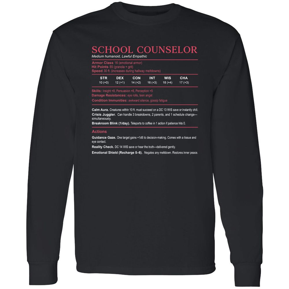 School Counselor Stats Long Sleeve T-Shirt - Black - 1