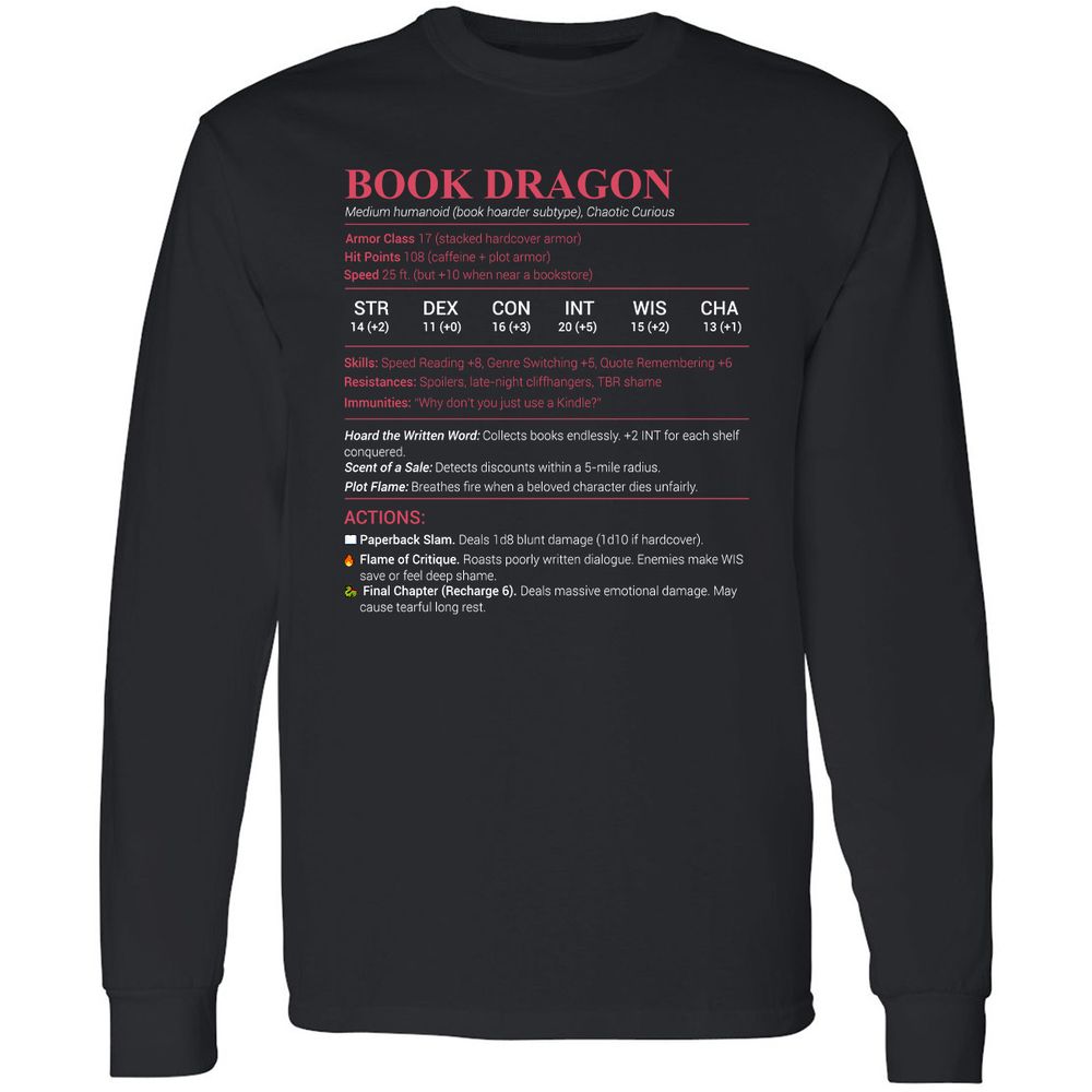 Book Dragon Stats Long Sleeve T-Shirt - Black - 1