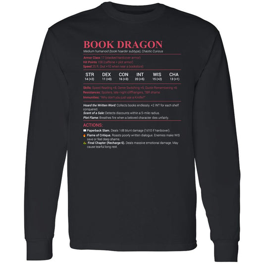 Book Dragon Stats Long Sleeve T-Shirt - Black - 1