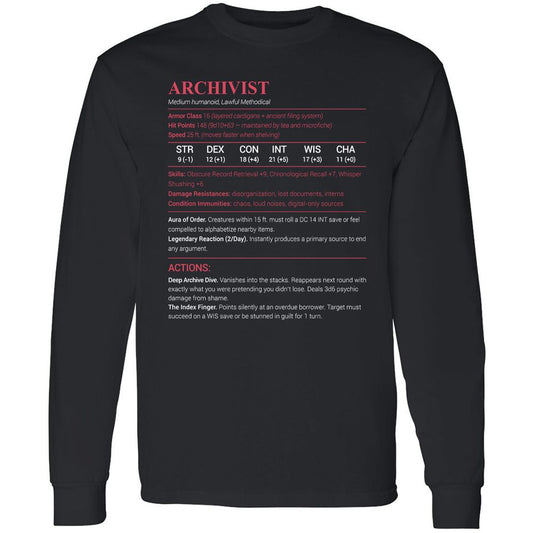 Archivist Stats Long Sleeve T-Shirt - Black - 1