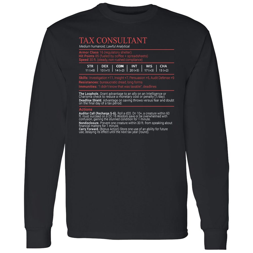 Tax Consultant Stats Block Long Sleeve T-Shirt - Black - 1