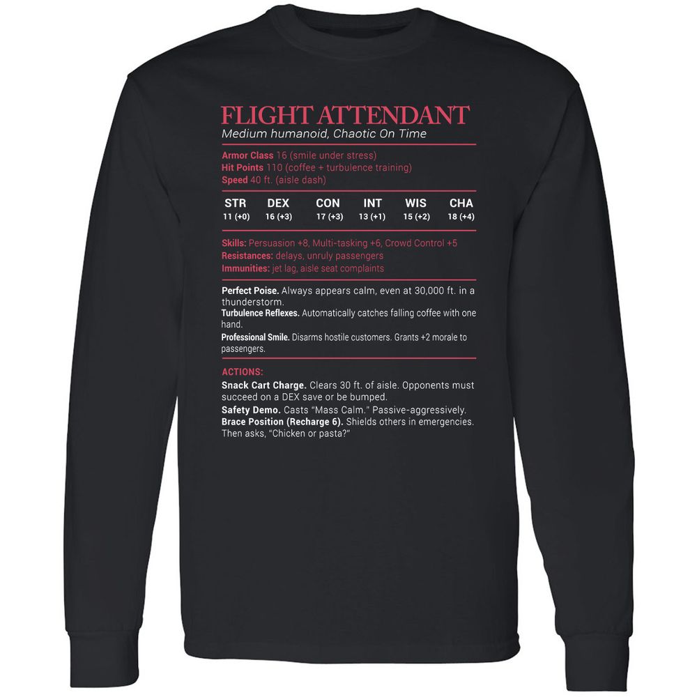 Flight Attendant Stats Long Sleeve T-Shirt - Black - 1