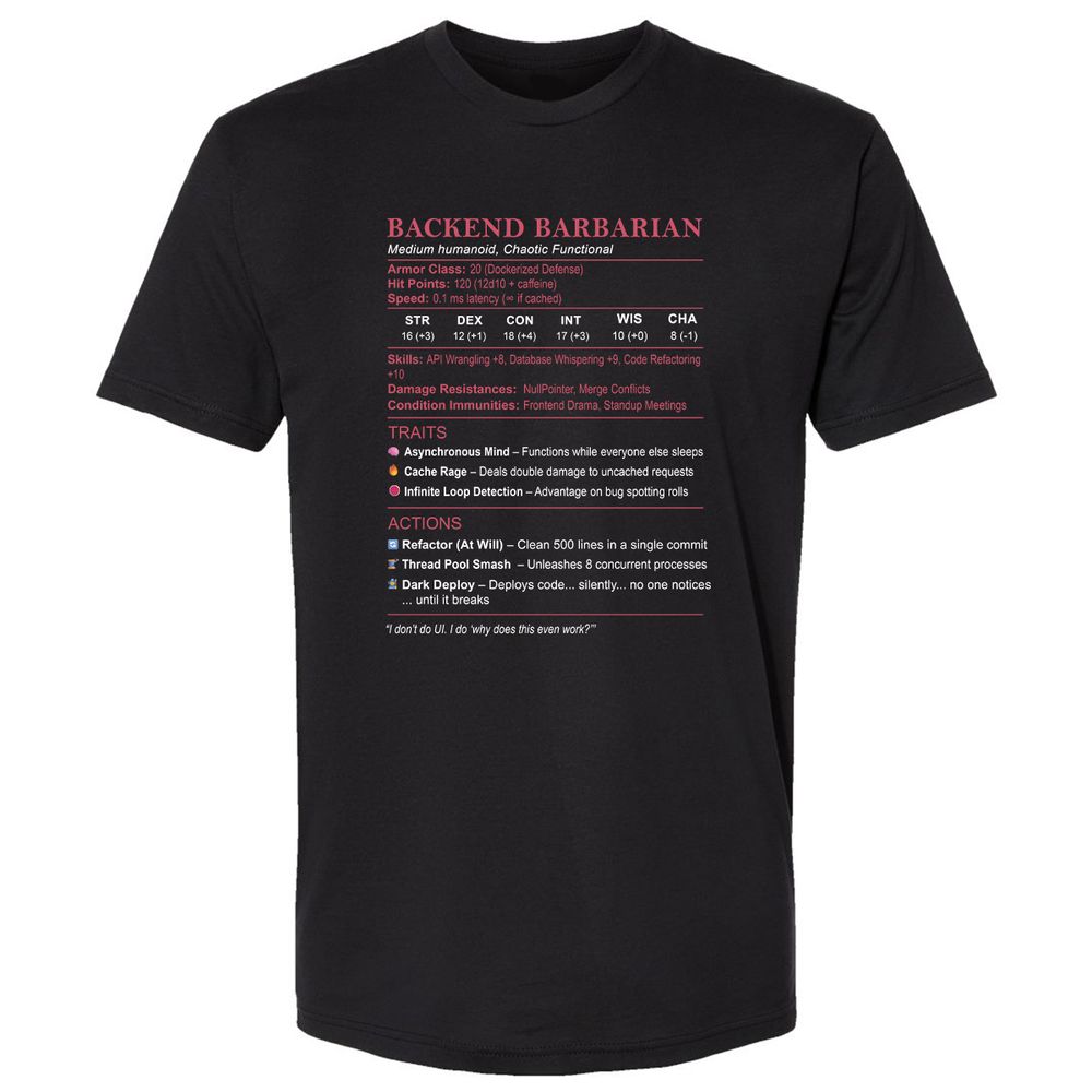 Backend Barbarian Stats Premium Unisex T-Shirt - Black - 1