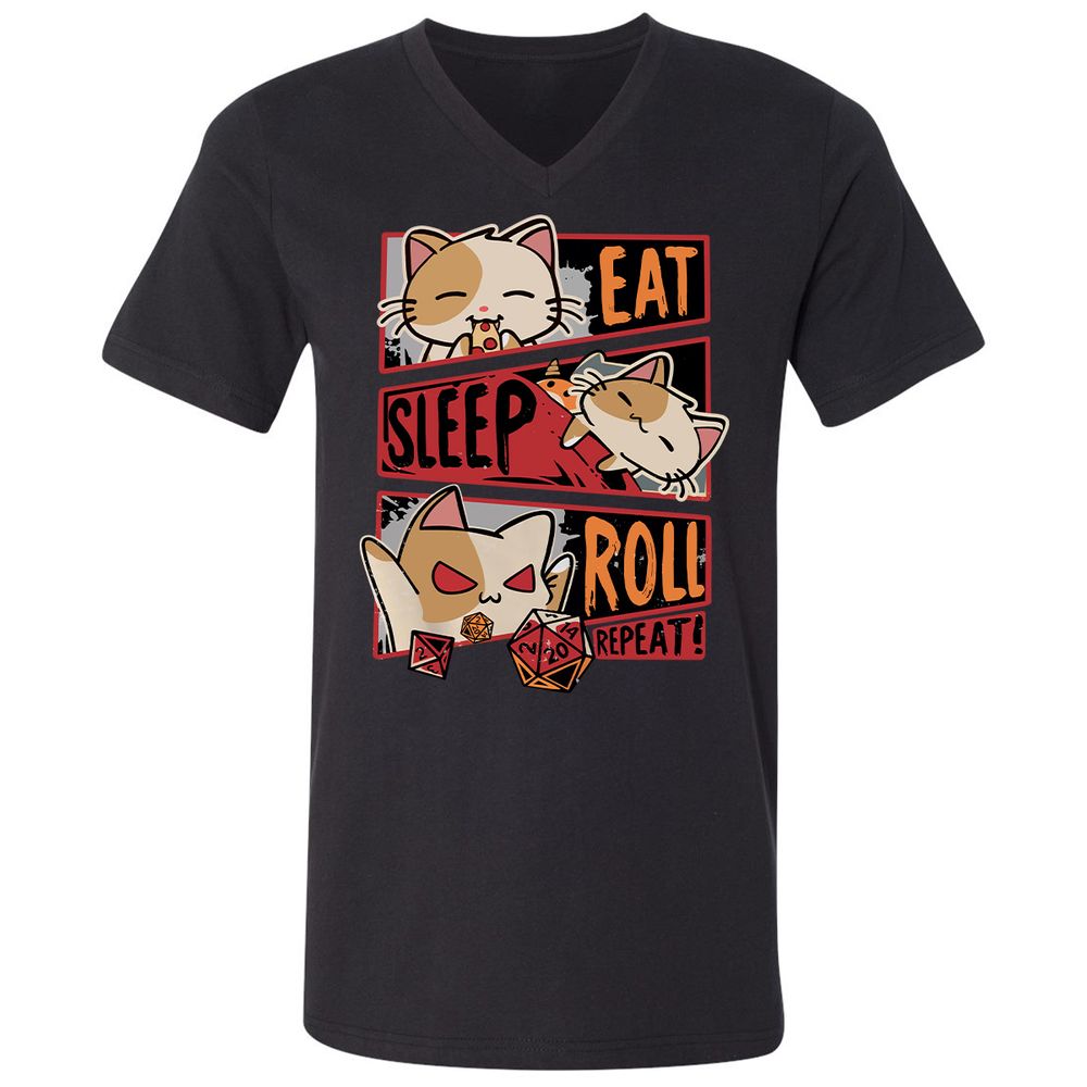 Eat Sleep Roll Repeat Unisex V-Neck T-Shirt - Black - 1