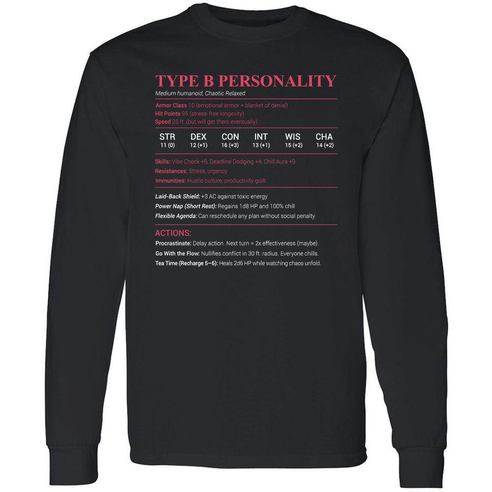 Type B Stats Long Sleeve T-Shirt - Black - 1