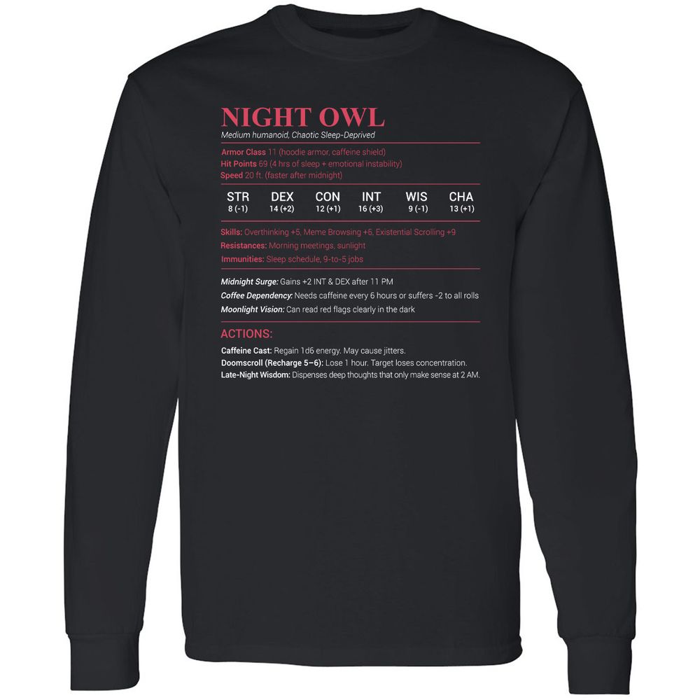 Night Owl Stats Long Sleeve T-Shirt - Black - 1