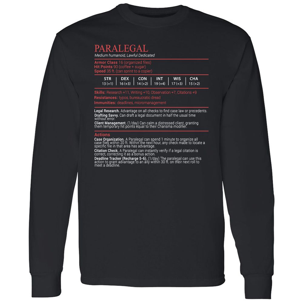 Paralegal Stats Block Long Sleeve T-Shirt - Black - 1