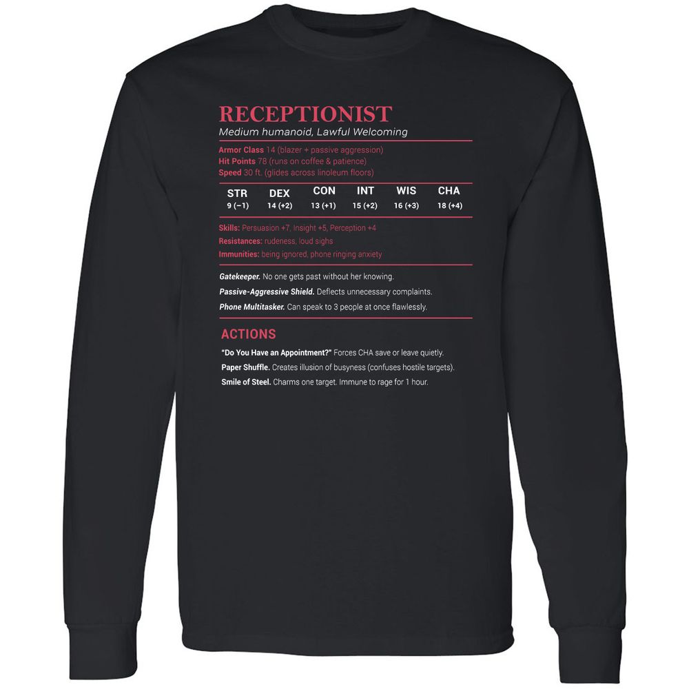 Receptionist Stats Long Sleeve T-Shirt - Black - 1