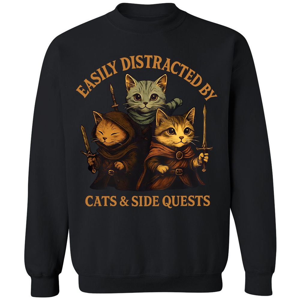 Easily Distracted By Cats & Side Quests Classic Unisex Sweatshirt - Black - 1