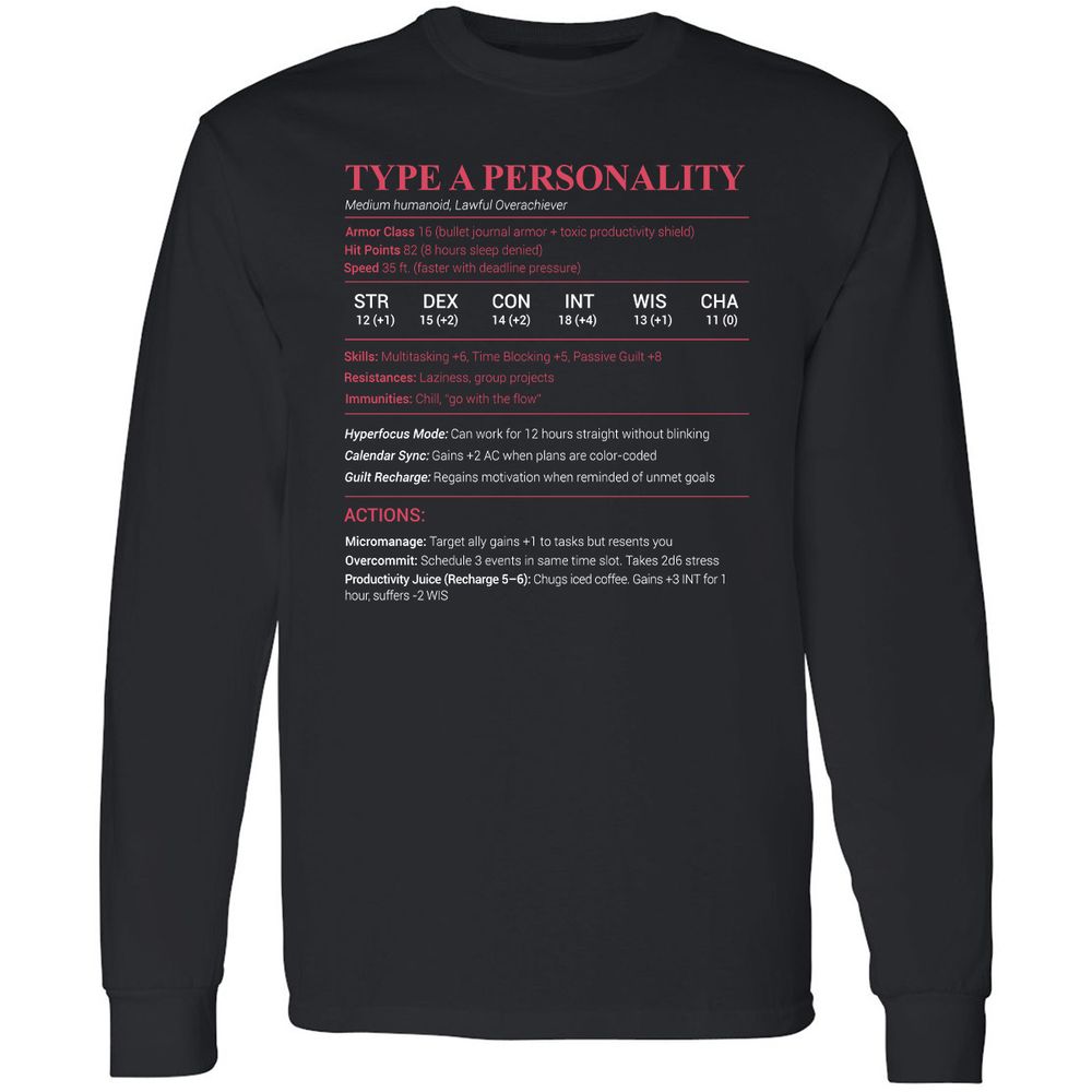 Type A Stats Long Sleeve T-Shirt - Black - 1
