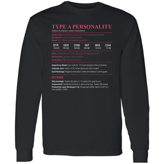 Type A Stats Long Sleeve T-Shirt - Black - 1
