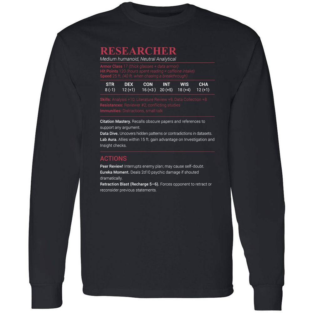Researcher Stats Long Sleeve T-Shirt - Black - 1