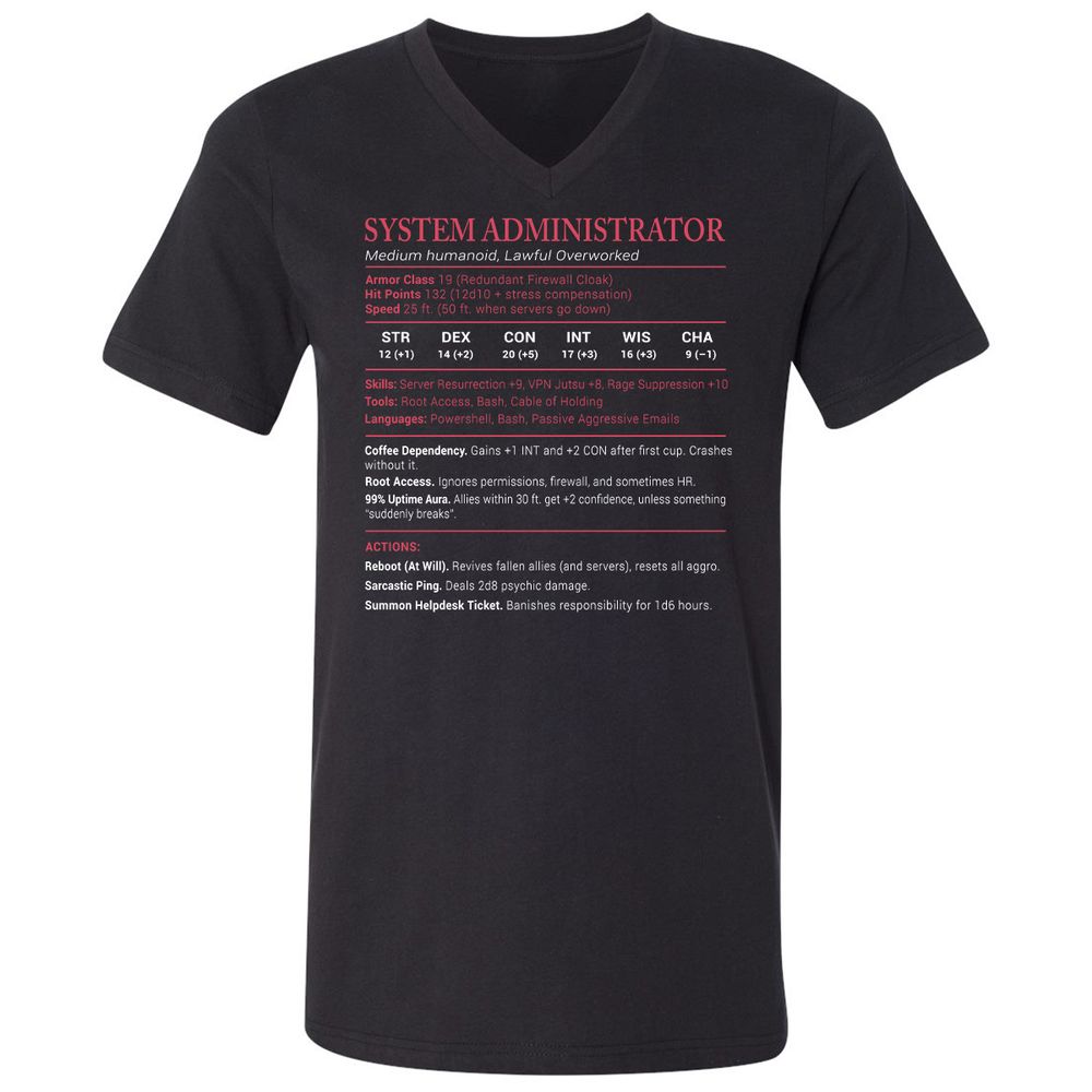 System Administrator Stats Unisex V-Neck T-Shirt - Black - 1