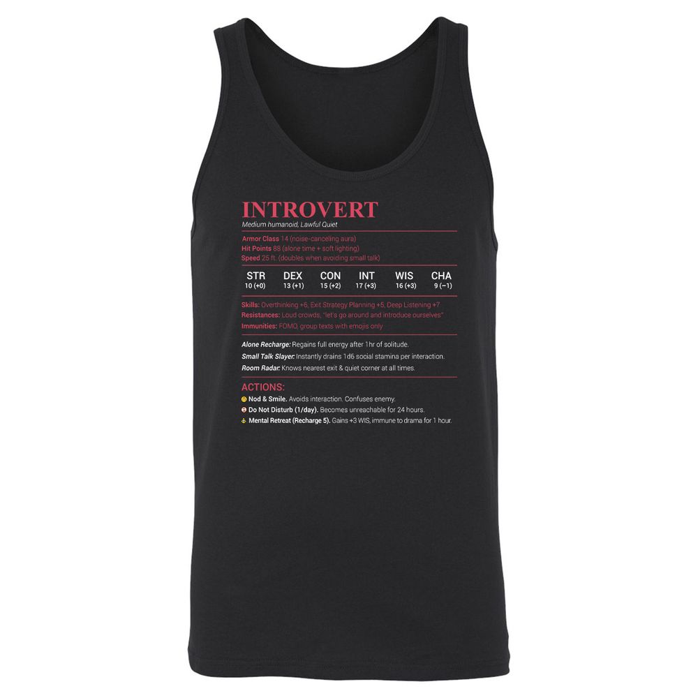 Introvert Stats Unisex Jersey Tank - Black - 1