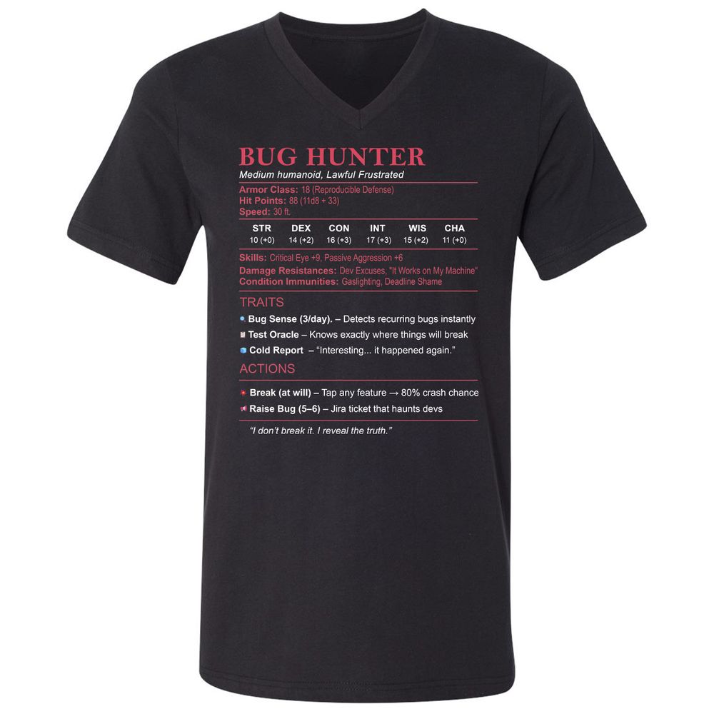 Tester Stats (Bug Hunter) Unisex V-Neck T-Shirt - Black - 1