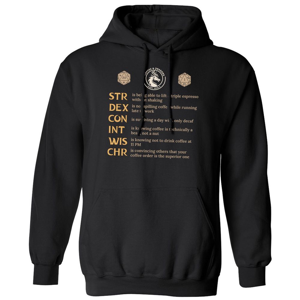 Coffee & Dragons RPG Stats Classic Unisex Hoodie - Black - 1