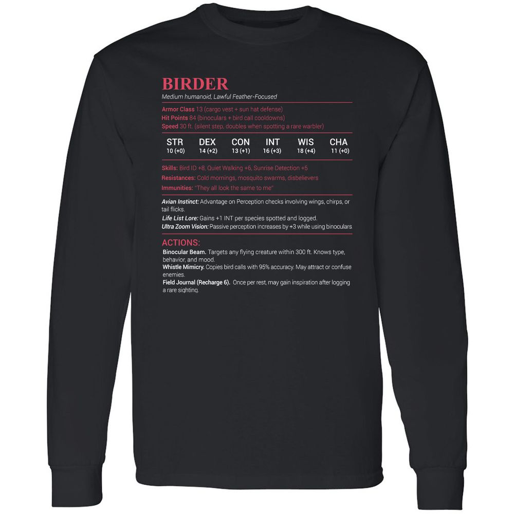 Birder Stats Long Sleeve T-Shirt - Black - 1