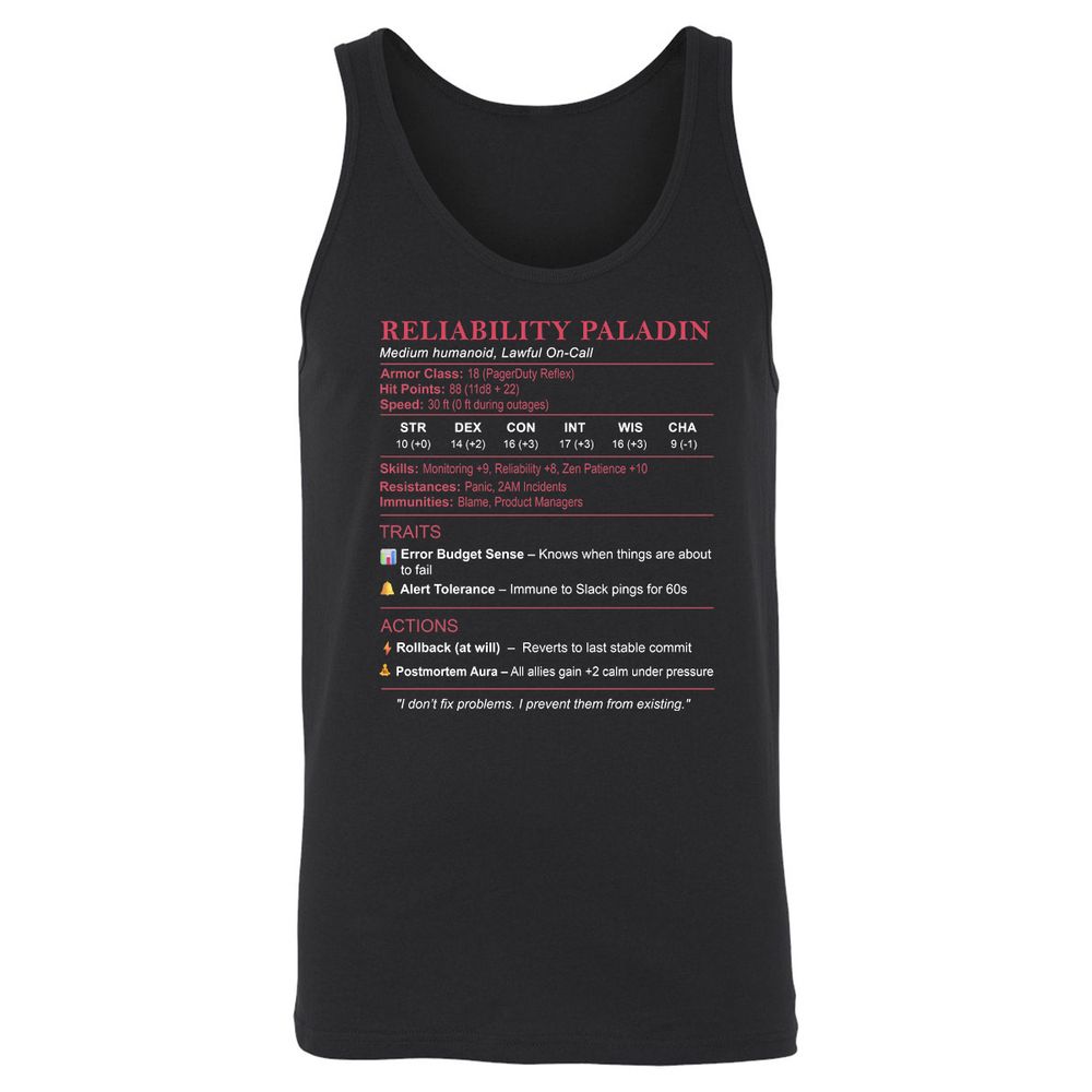 SRE Stats (Reliability Paladin) Unisex Jersey Tank - Black - 1