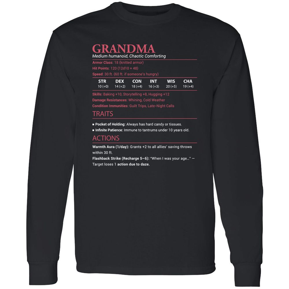 Grandma Stats Long Sleeve T-Shirt - Black - 1
