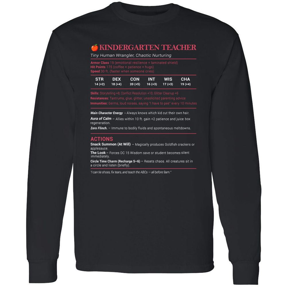 Kindergarten Teacher Stats Long Sleeve T-Shirt - Black - 1