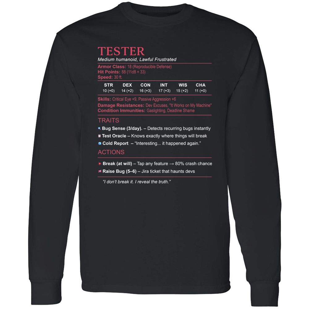 Tester Stats Long Sleeve T-Shirt - Black - 1
